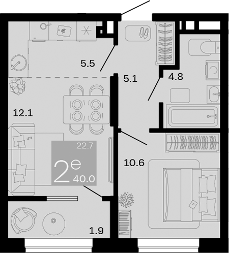 Планировка — Хозяин Морей, 2-комн., 38 м²