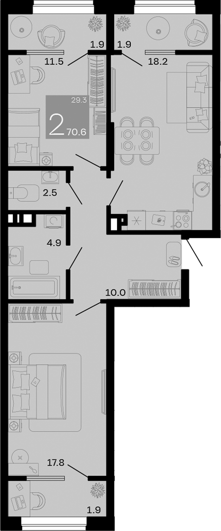 Планировка — Хозяин Морей, 2-комн., 65 м²