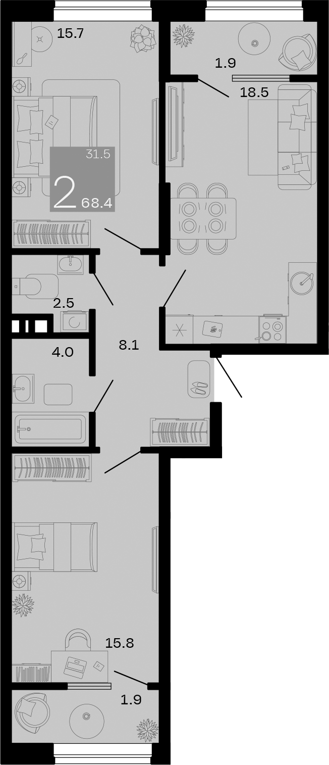 Планировка — Хозяин Морей, 2-комн., 65 м²