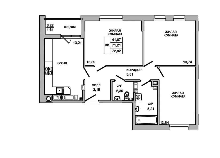 Планировка — Пальмира 2.0, 3-комн., 71 м²