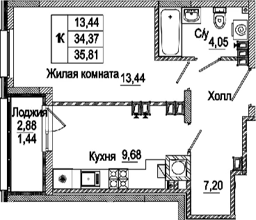 Планировка — Пальмира 2.0, 1-комн., 34 м²