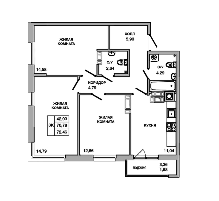 Планировка — Пальмира 2.0, 3-комн., 71 м²