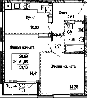 Планировка — Пальмира 2.0, 2-комн., 52 м²