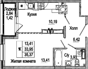 Планировка — Пальмира 2.0, 1-комн., 34 м²