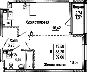 Планировка — Пальмира 2.0, 1-комн., 38 м²