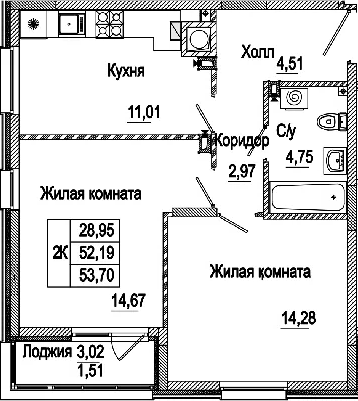 Планировка — Пальмира 2.0, 2-комн., 52 м²