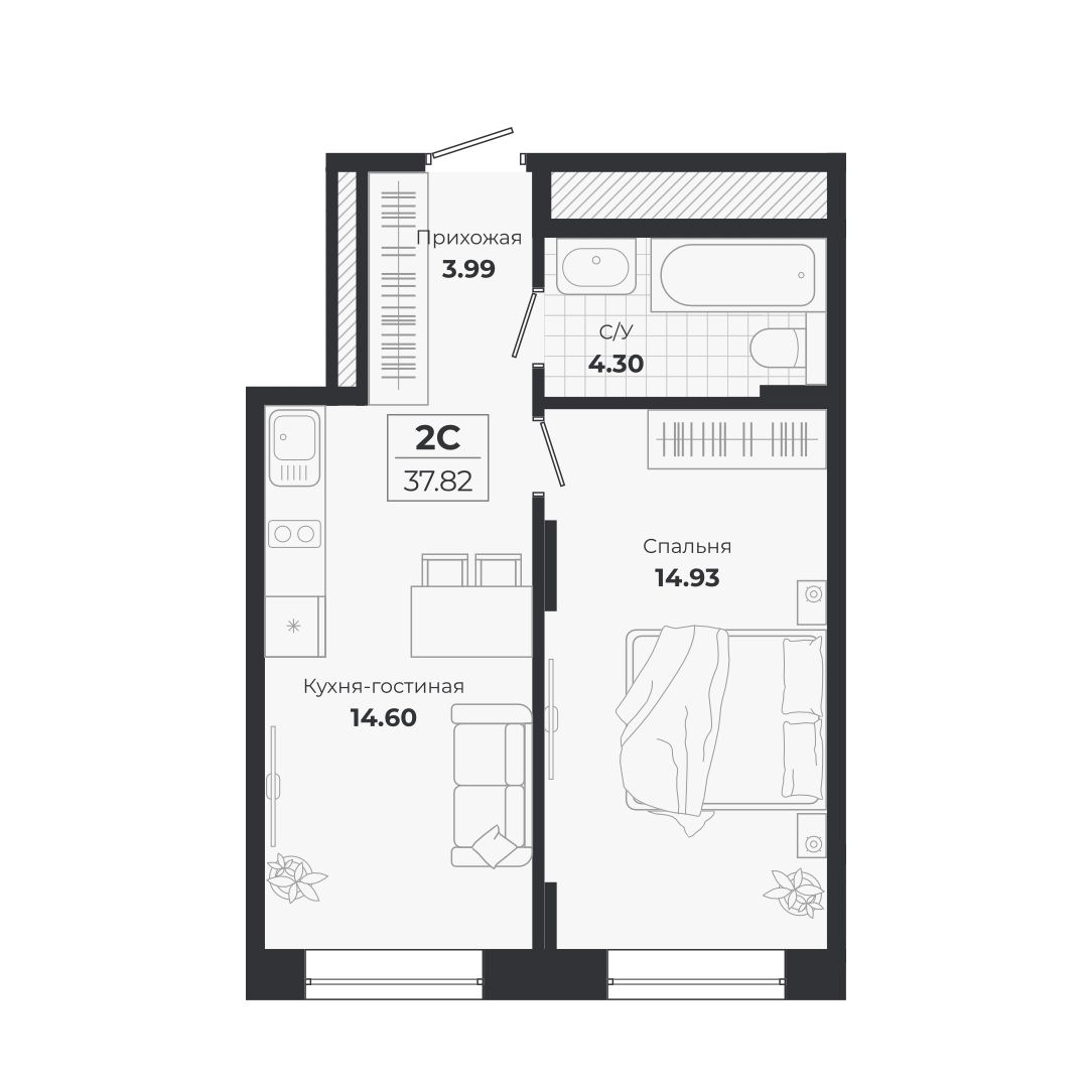 Планировка — Ясный Берег, 2-комн., 38 м²