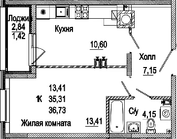Планировка — Пальмира 2.0, 1-комн., 35 м²