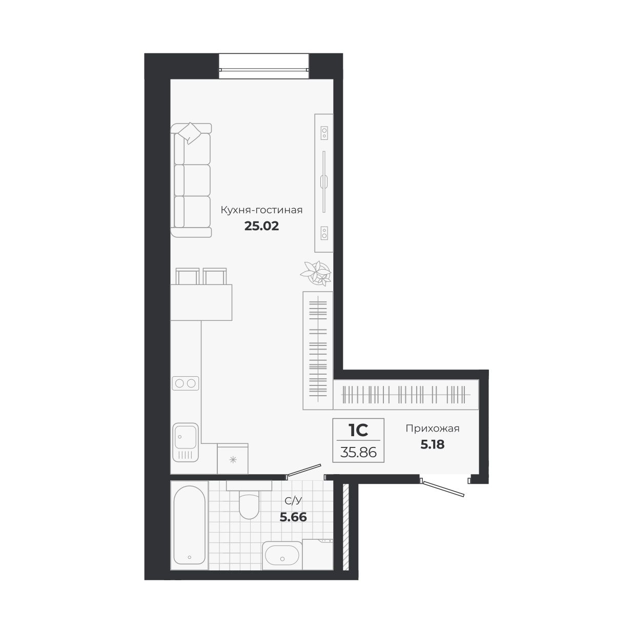 Планировка — Ясный Берег, Студия, 36 м²
