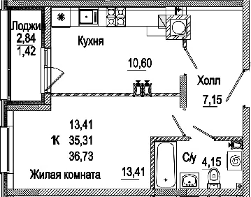 Планировка — Пальмира 2.0, 1-комн., 35 м²