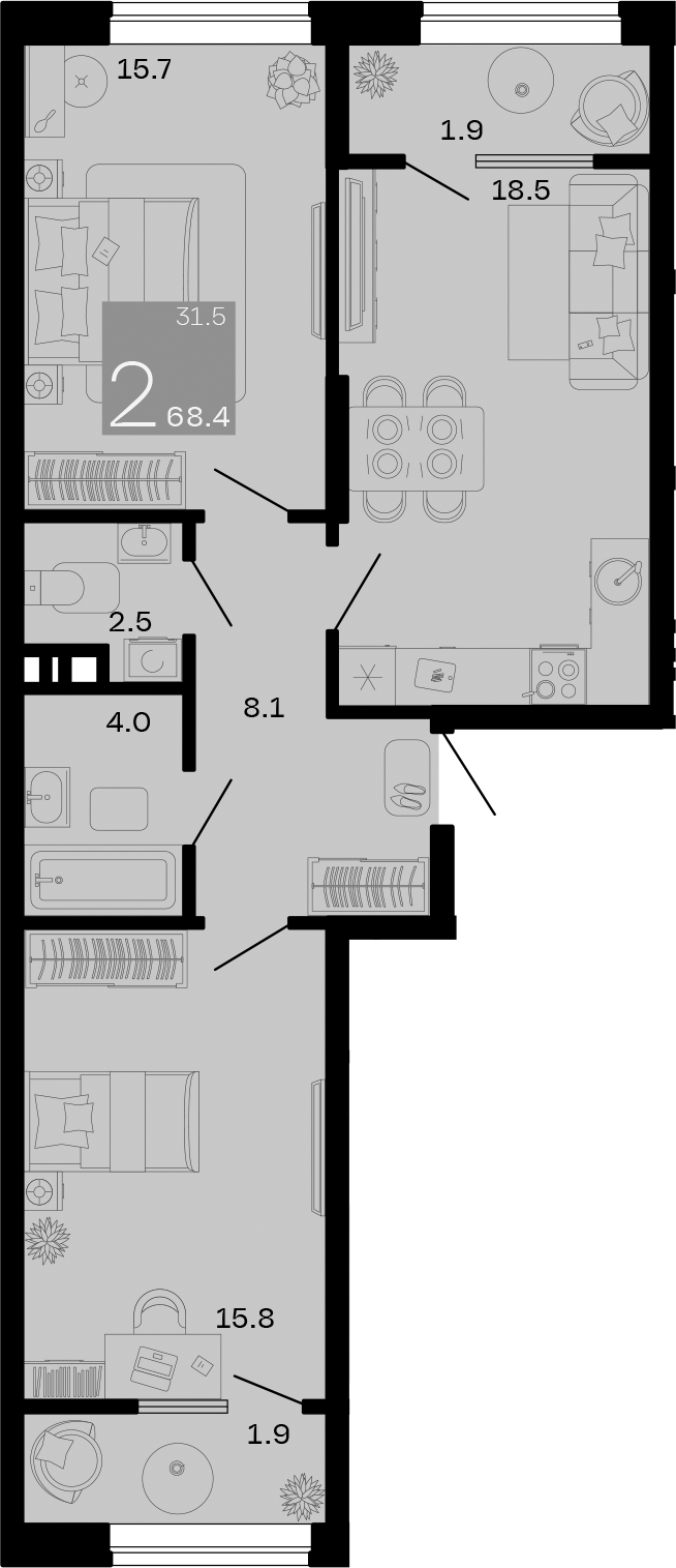 Планировка — Хозяин Морей, 2-комн., 65 м²