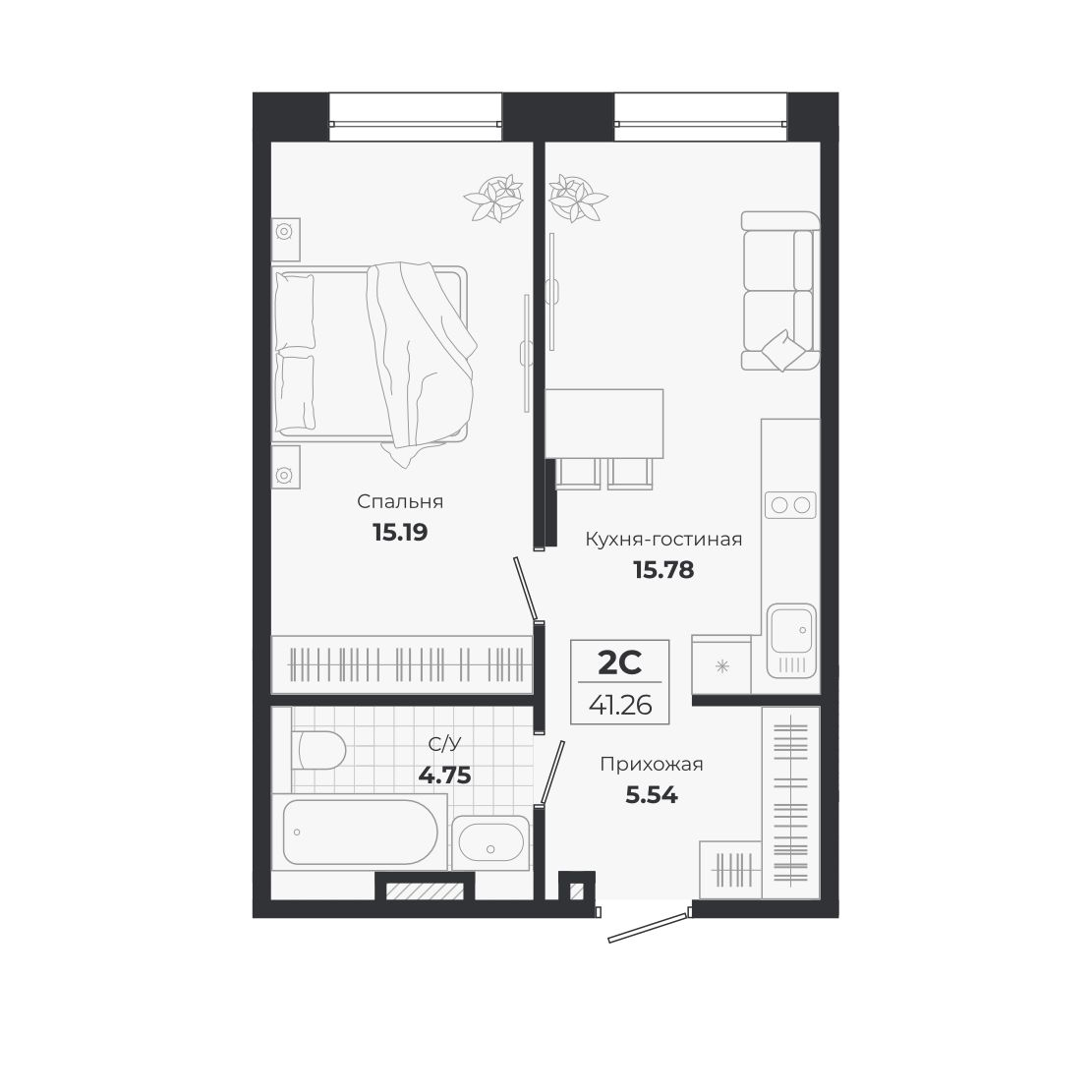 Планировка — Ясный Берег, 2-комн., 41 м²