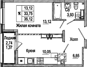 Планировка — Пальмира 2.0, 1-комн., 34 м²