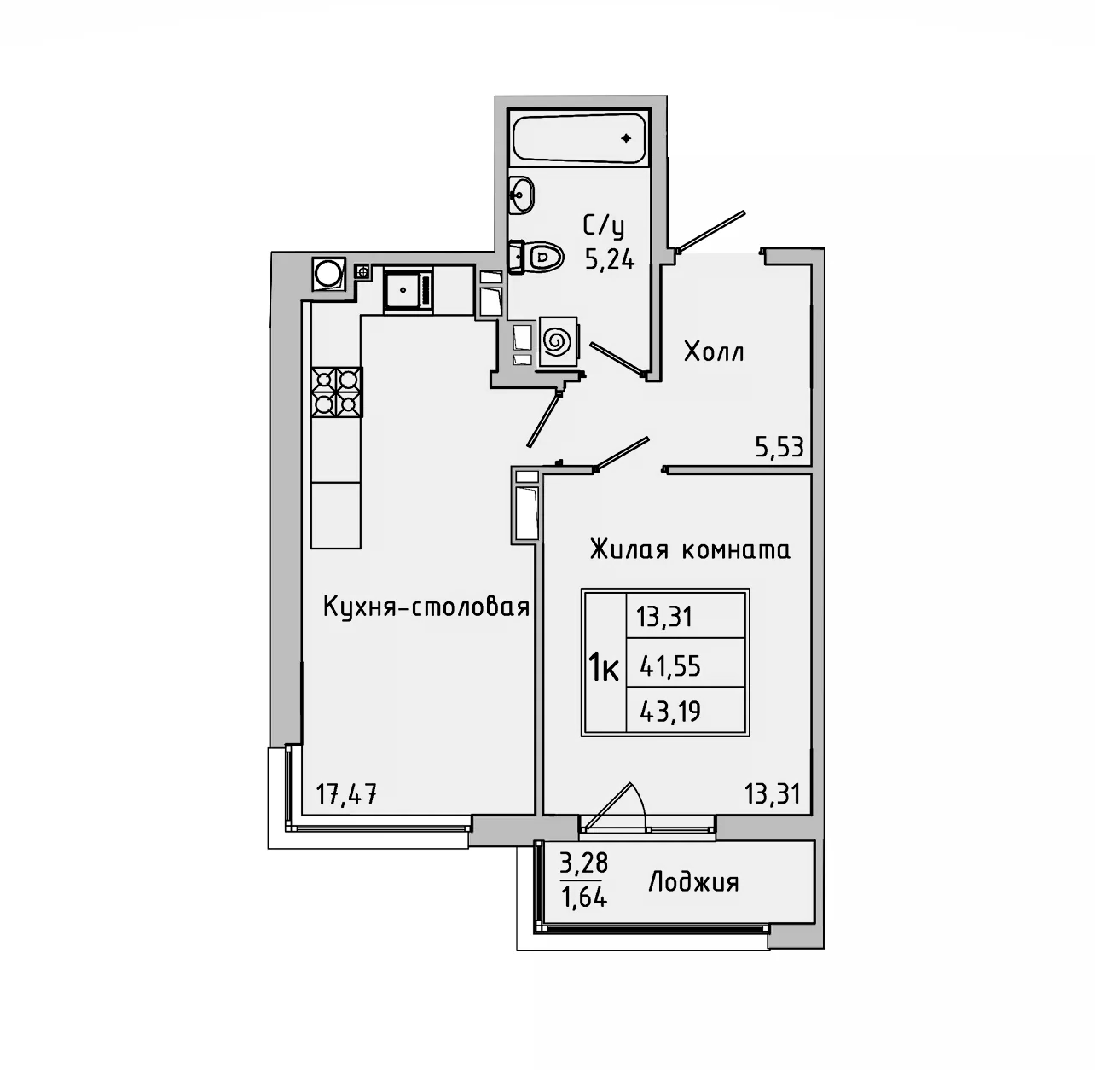 Планировка — Пальмира 2.0, 1-комн., 40 м²