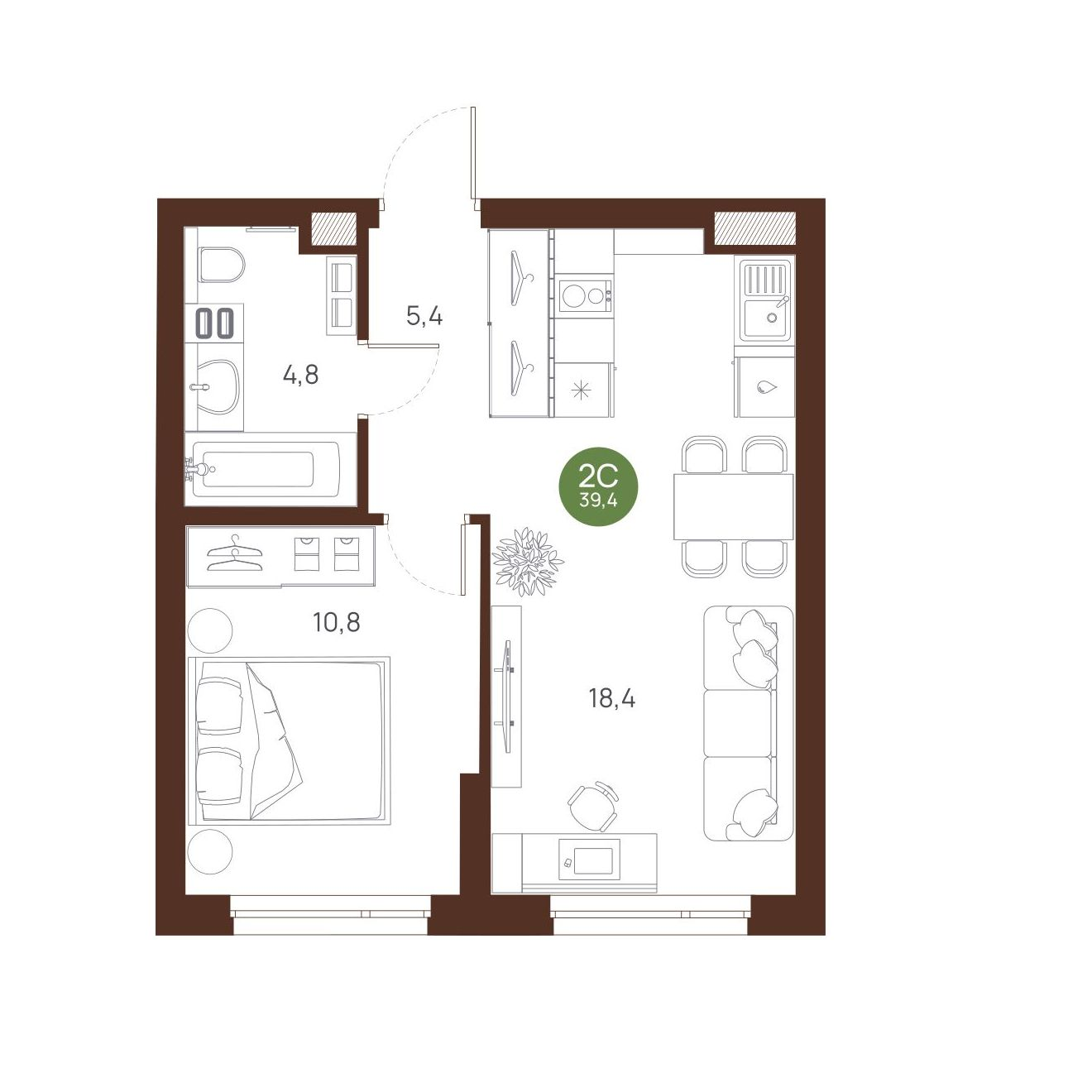 Планировка — Ясный Берег, 2-комн., 39 м²