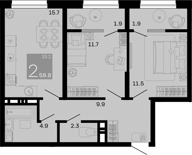 Планировка — Хозяин Морей, 2-комн., 56 м²