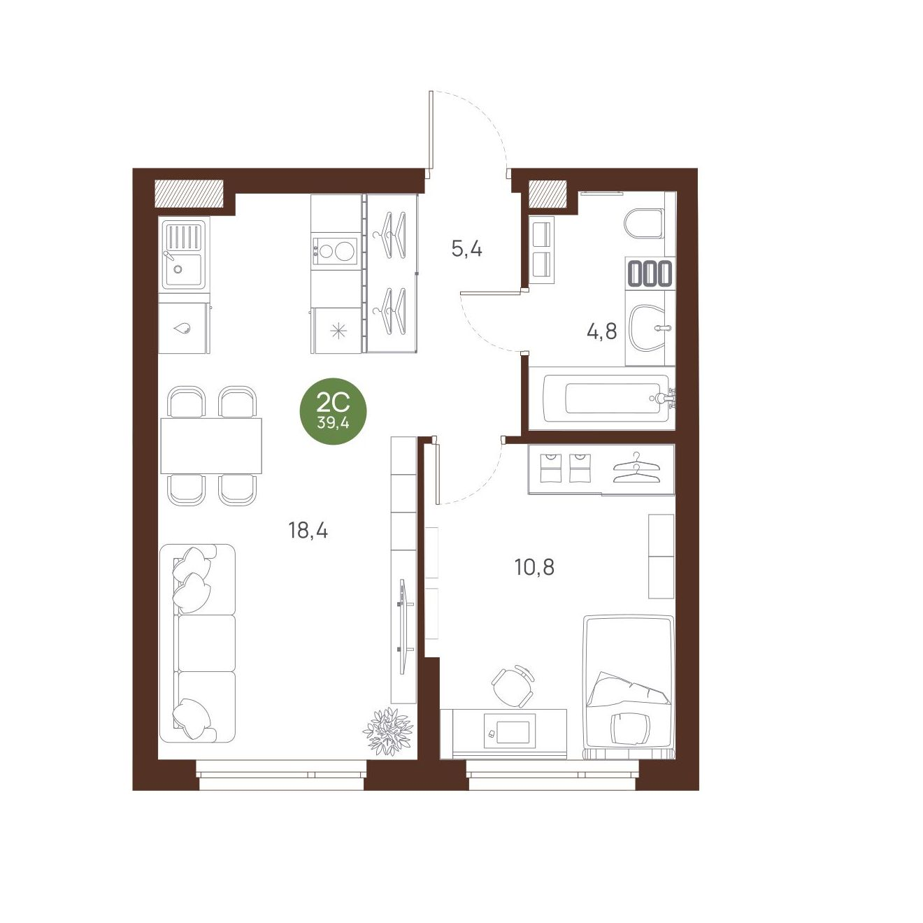 Планировка — Ясный Берег, 2-комн., 39 м²
