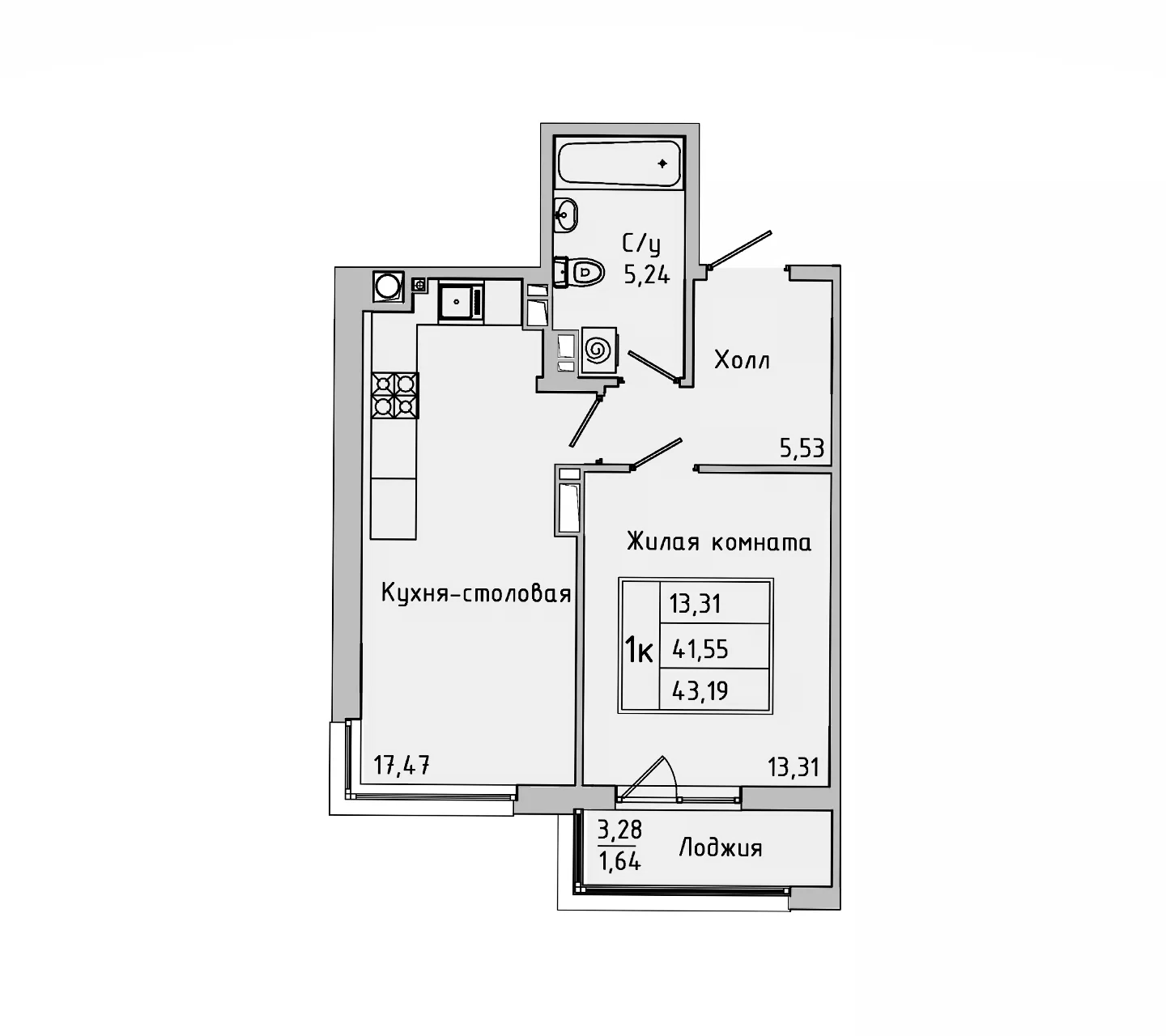 Планировка — Пальмира 2.0, 1-комн., 40 м²
