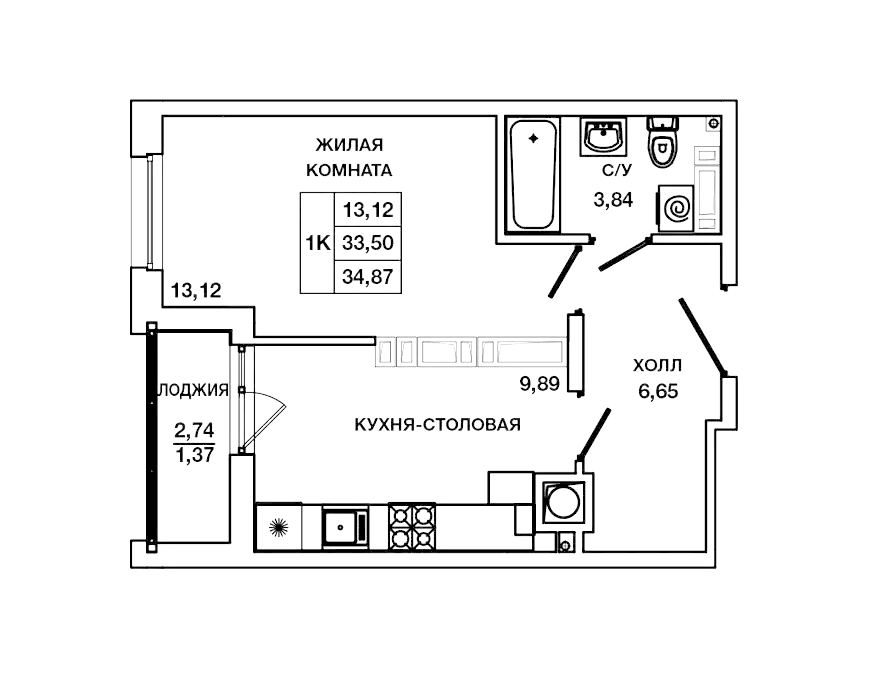 Планировка — Пальмира 2.0, 1-комн., 34 м²