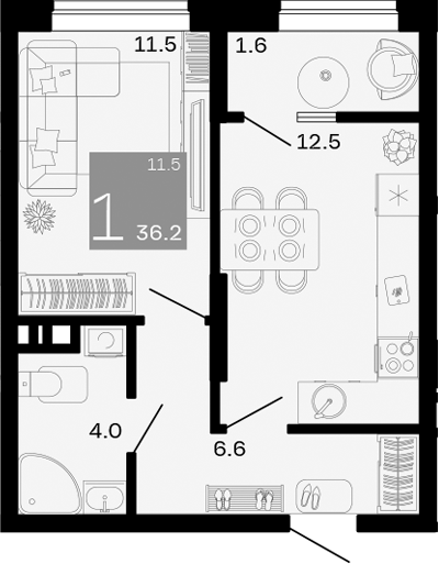 Планировка — Хозяин Морей, 1-комн., 35 м²