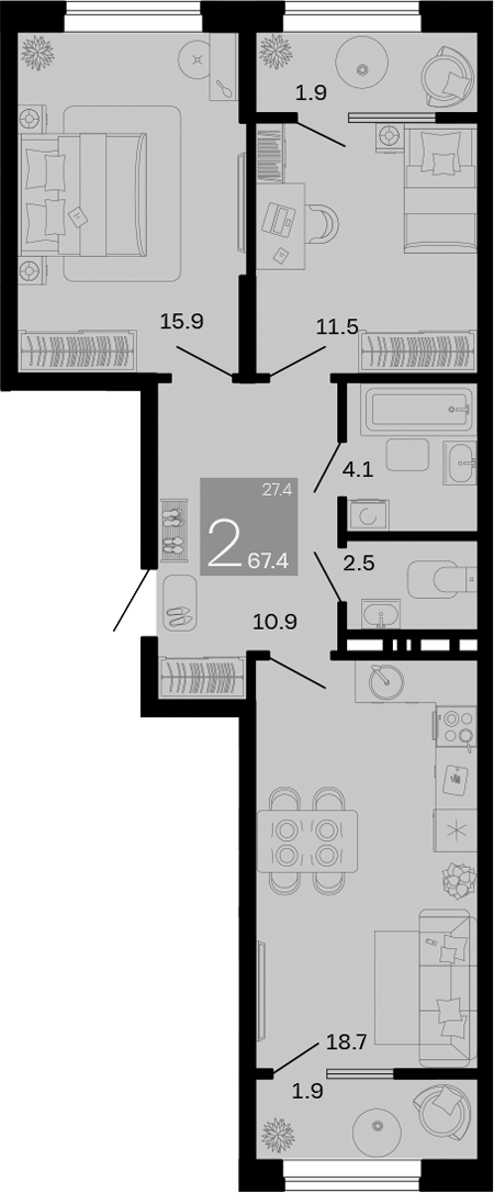 Планировка — Хозяин Морей, 2-комн., 64 м²