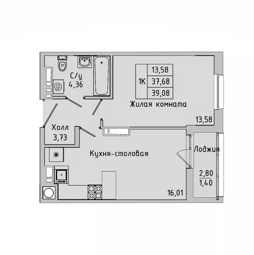 Планировка — Пальмира 2.0, 1-комн., 36 м²
