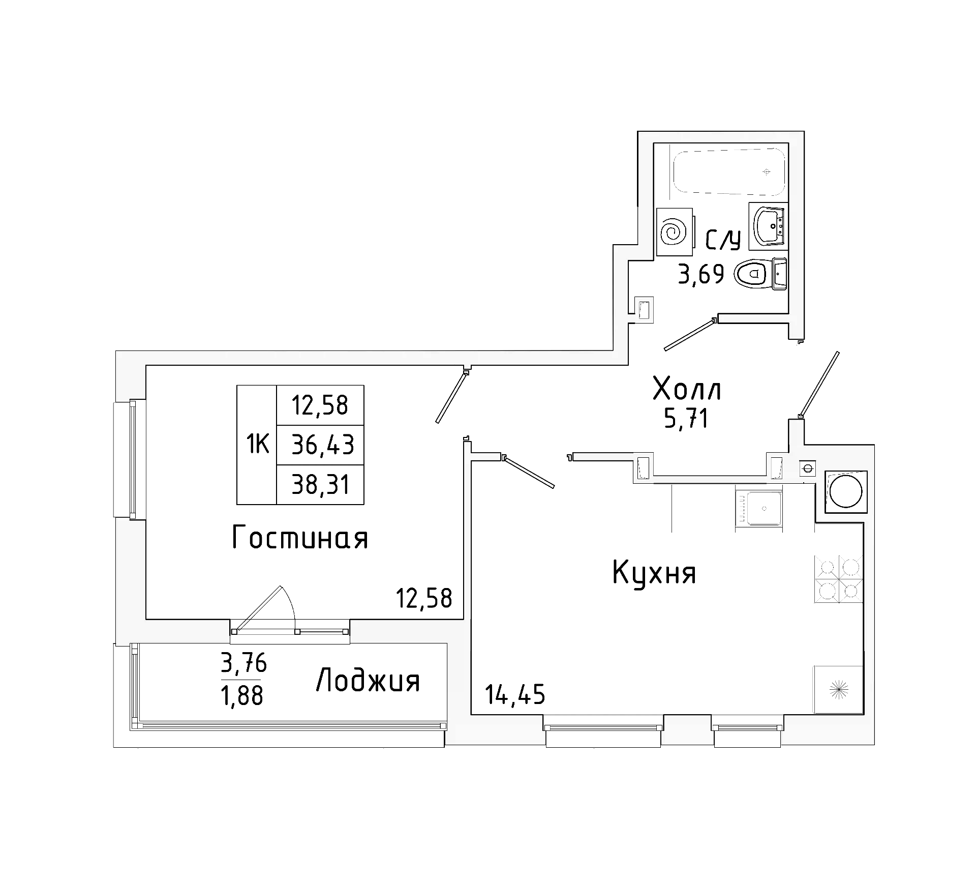 Планировка — Пальмира 2.0, 1-комн., 34 м²