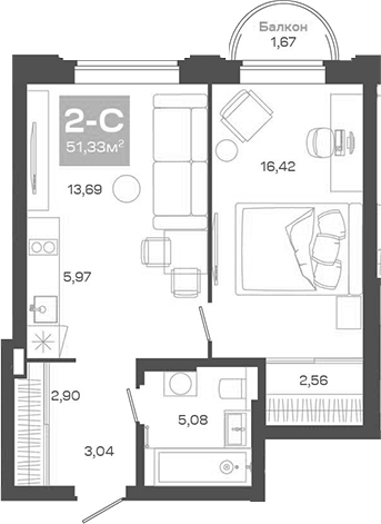 Планировка — Пульсар, 2-комн., 50 м²