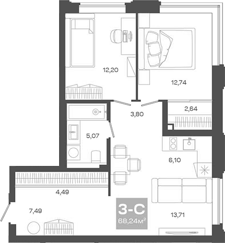 Планировка — Пульсар, 3-комн., 68 м²
