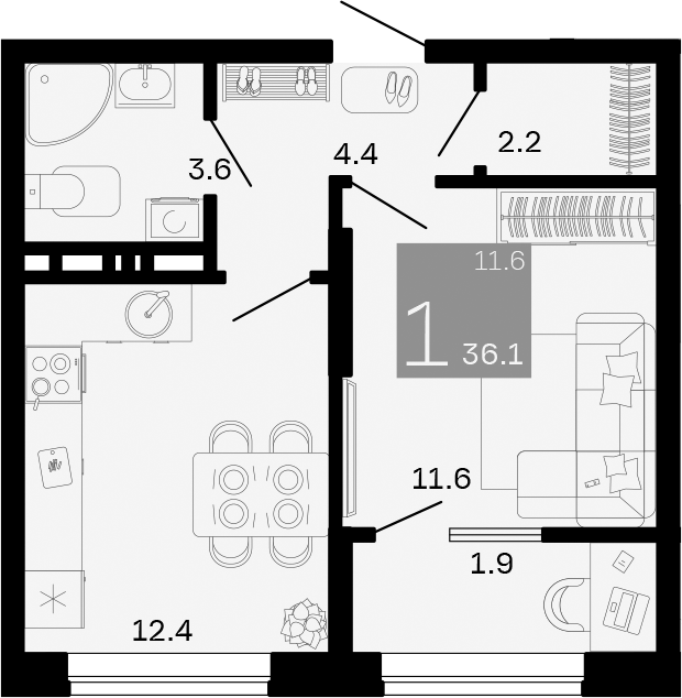 Планировка — Хозяин Морей, 1-комн., 34 м²