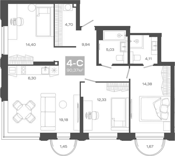 Планировка — Пульсар, 4-комн., 90 м²