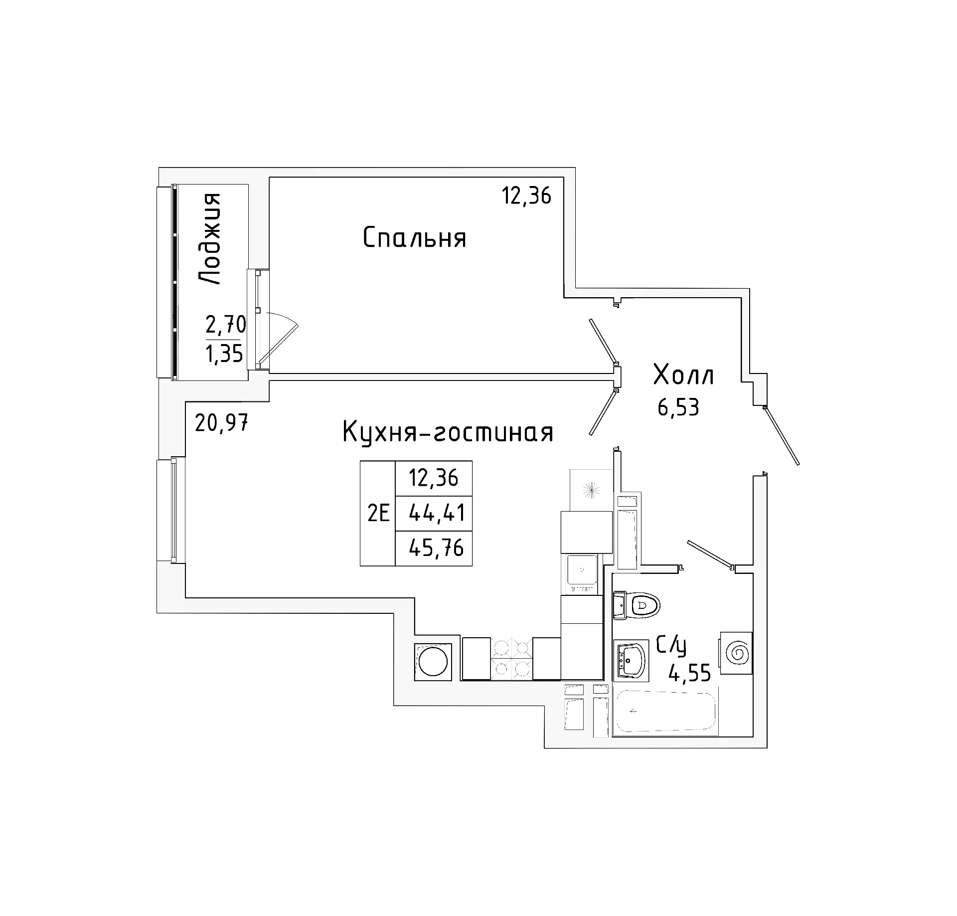 Планировка — Пальмира 2.0, 2-комн., 43 м²