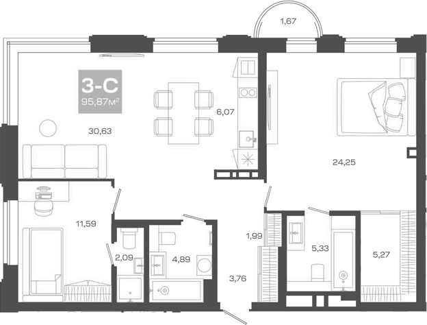 Планировка — Пульсар, 3-комн., 96 м²