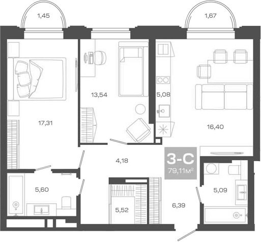 Планировка — Пульсар, 3-комн., 79 м²