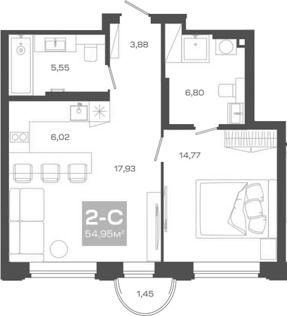 Планировка — Пульсар, 2-комн., 55 м²