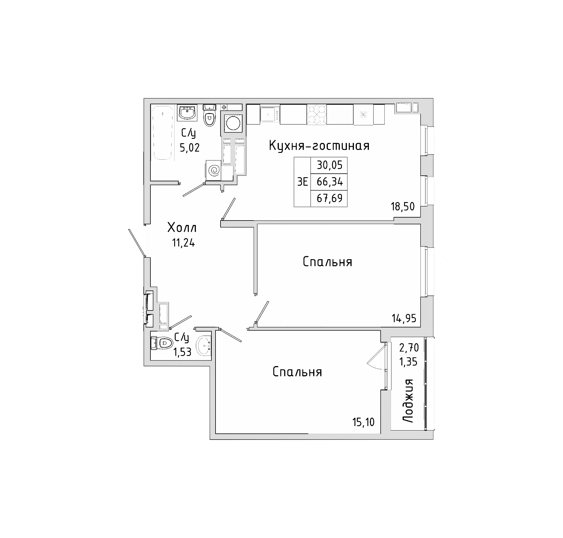 Планировка — Пальмира 2.0, 3-комн., 65 м²