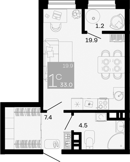 Планировка — Хозяин Морей, Студия, 32 м²