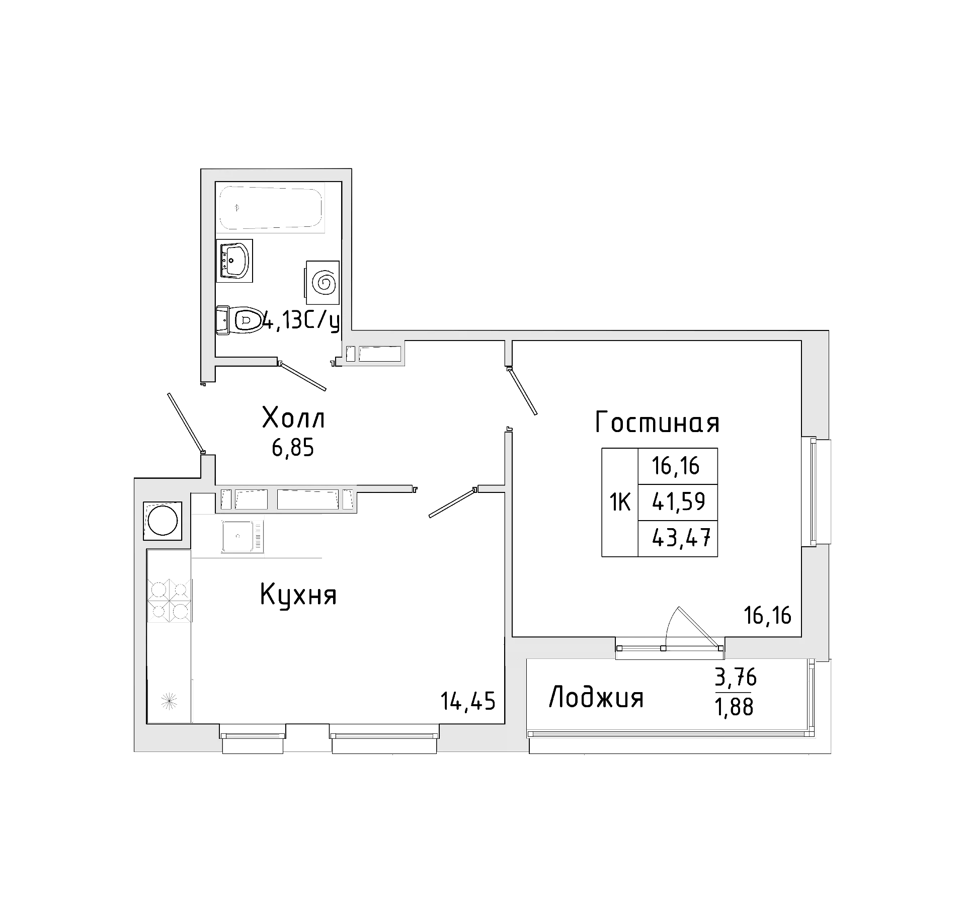 Планировка — Пальмира 2.0, 1-комн., 40 м²