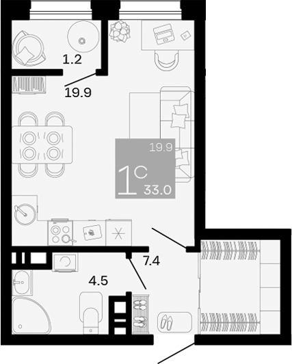 Планировка — Хозяин Морей, Студия, 32 м²