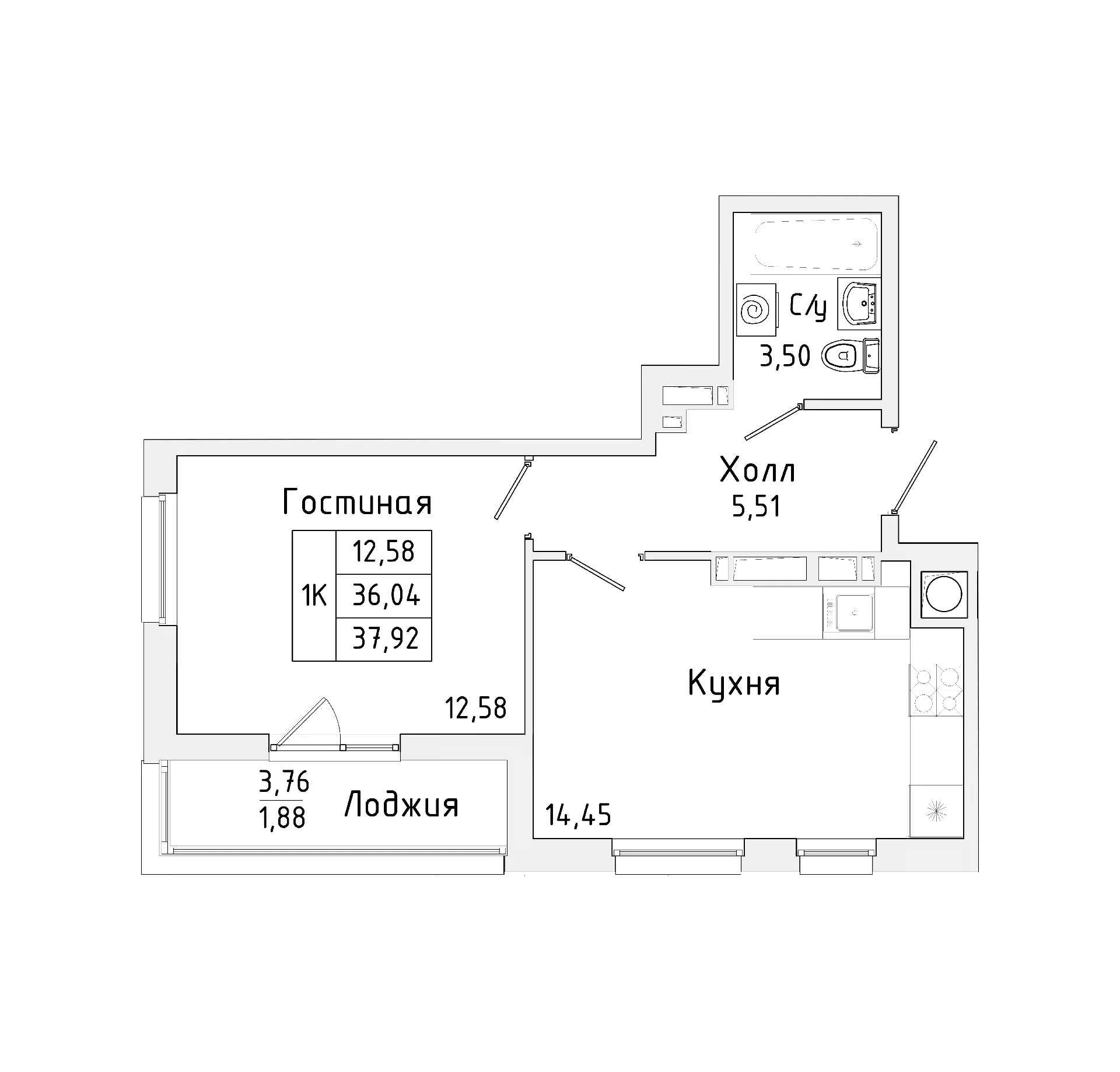Планировка — Пальмира 2.0, 1-комн., 34 м²