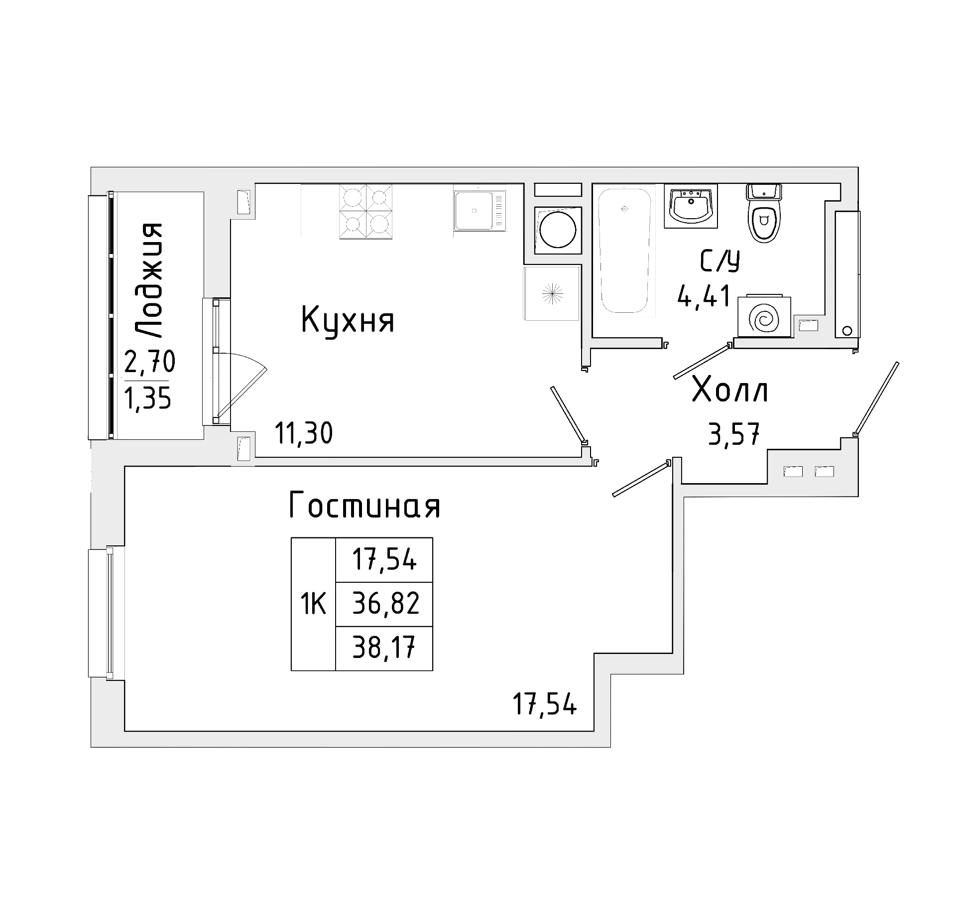 Планировка — Пальмира 2.0, 1-комн., 36 м²