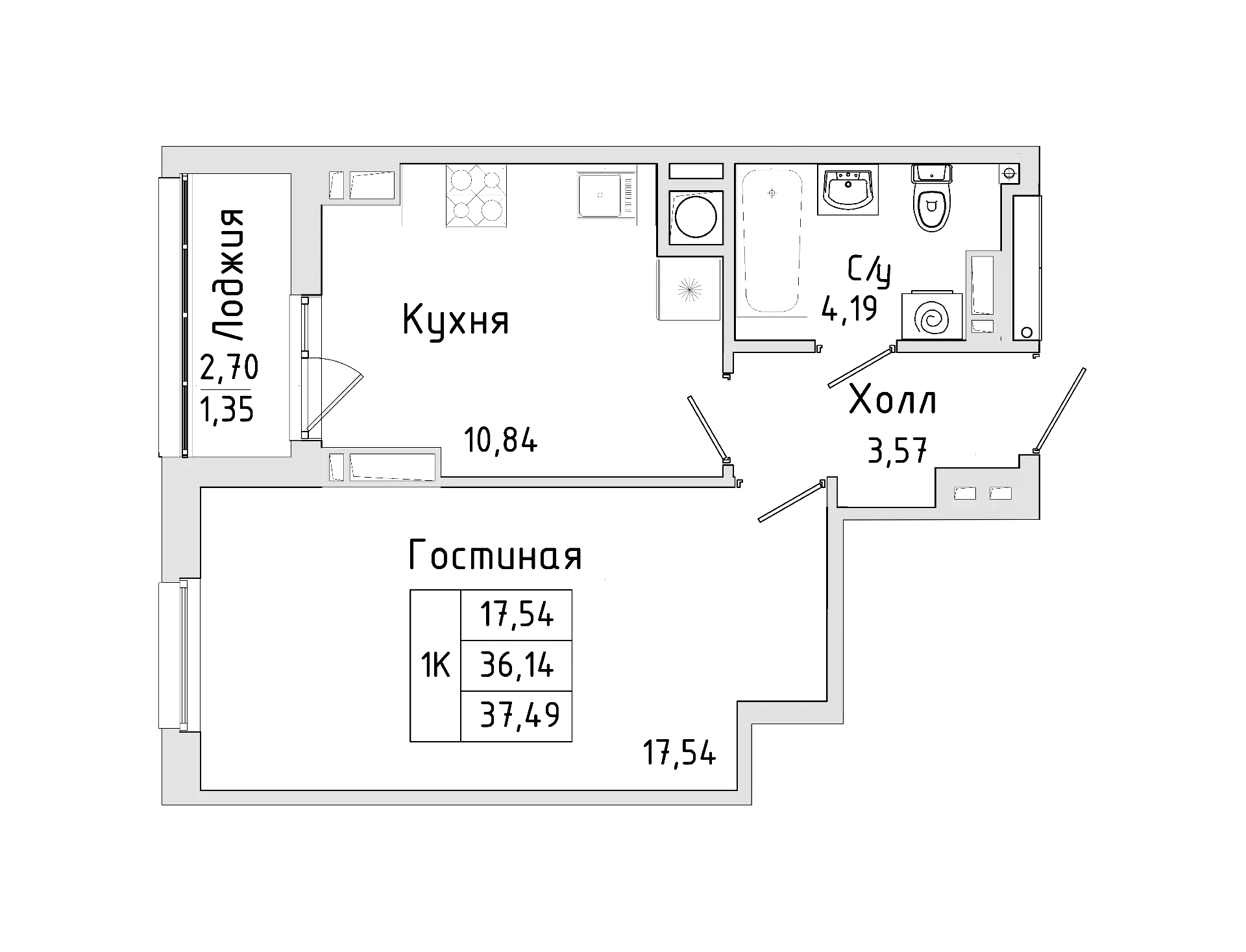 Планировка — Пальмира 2.0, 1-комн., 35 м²
