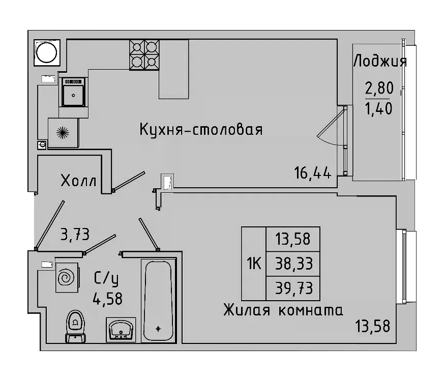 Планировка — Пальмира 2.0, 1-комн., 37 м²