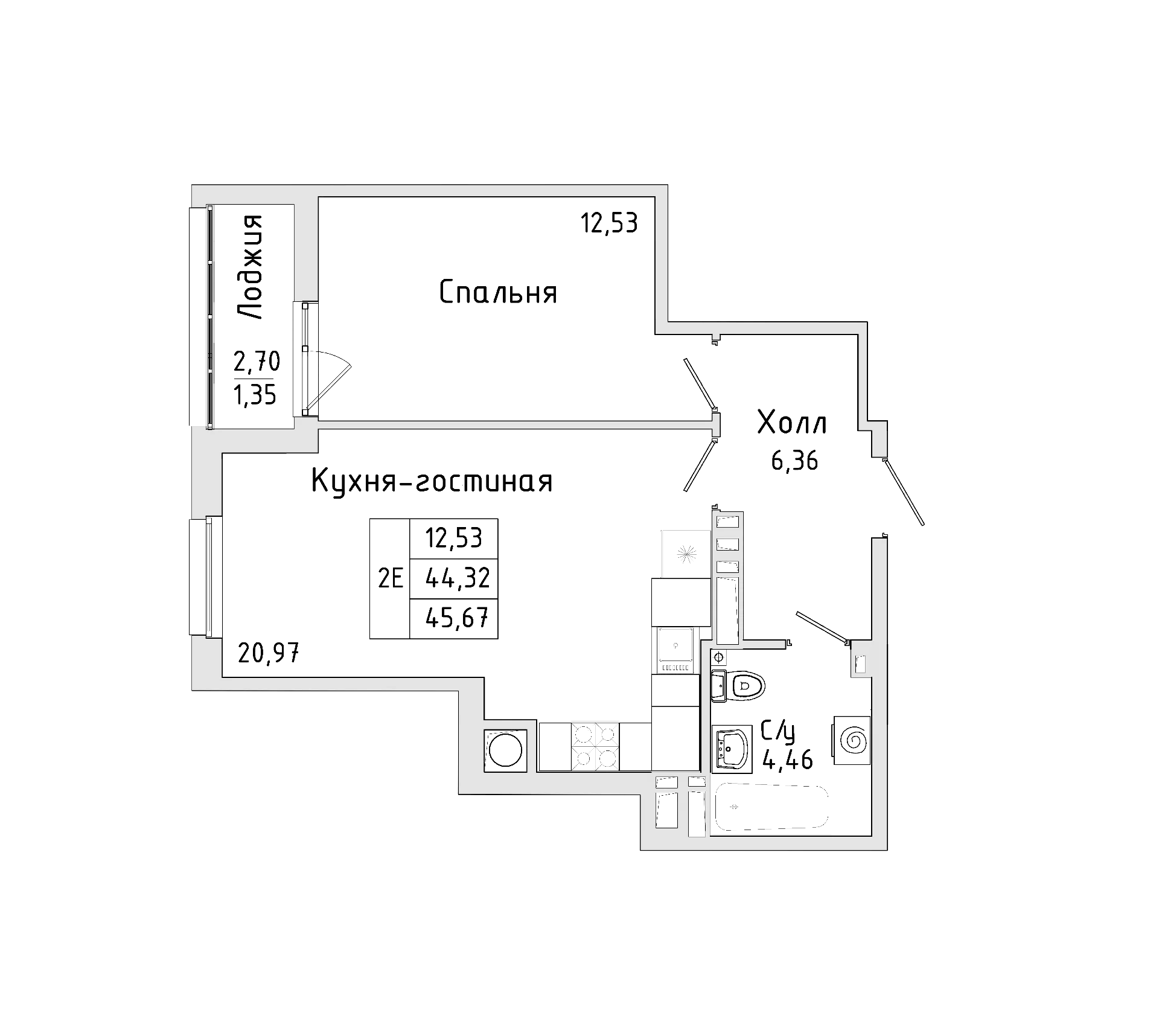 Планировка — Пальмира 2.0, 2-комн., 43 м²
