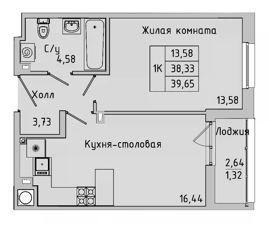 Планировка — Пальмира 2.0, 1-комн., 37 м²
