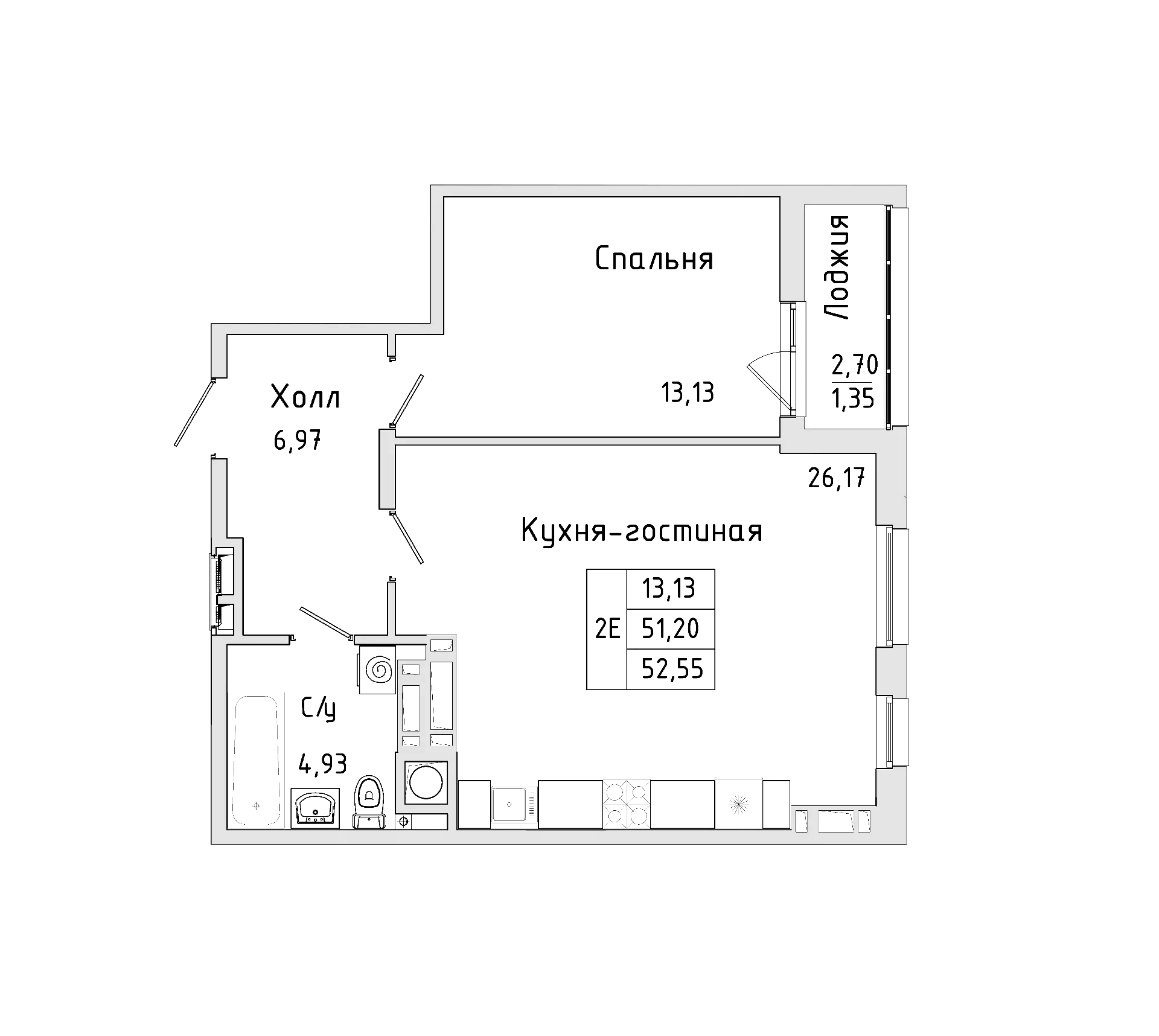 Планировка — Пальмира 2.0, 2-комн., 50 м²