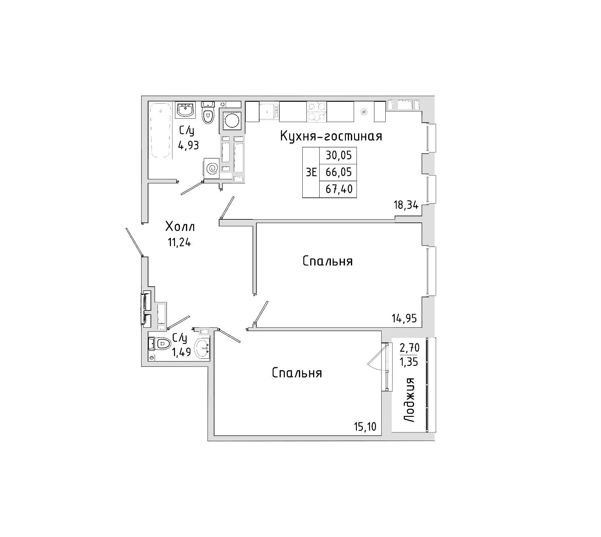 Планировка — Пальмира 2.0, 3-комн., 65 м²