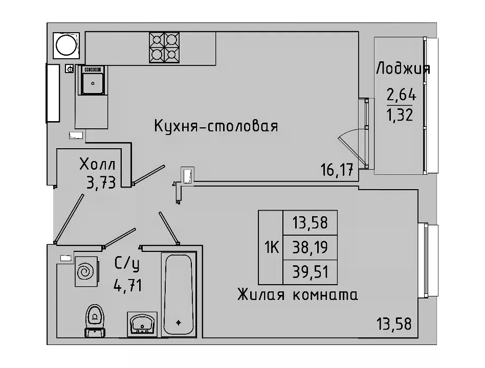 Планировка — Пальмира 2.0, 1-комн., 37 м²