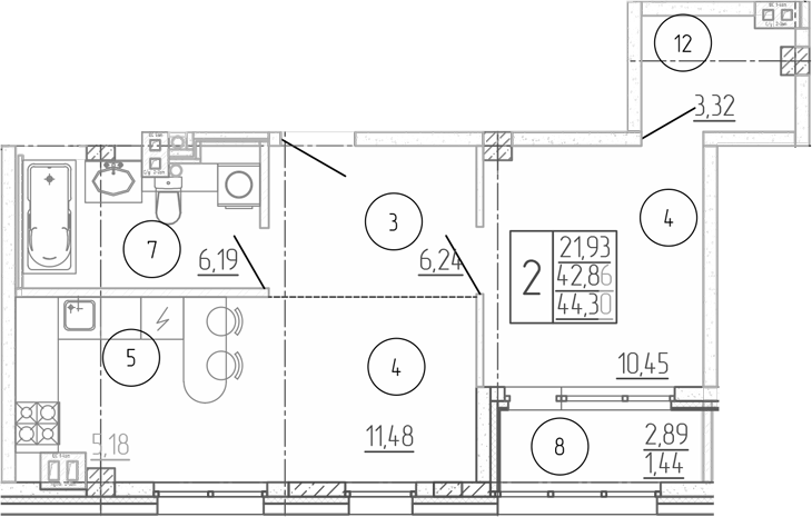 Планировка — Проявление, 2-комн., 43 м²