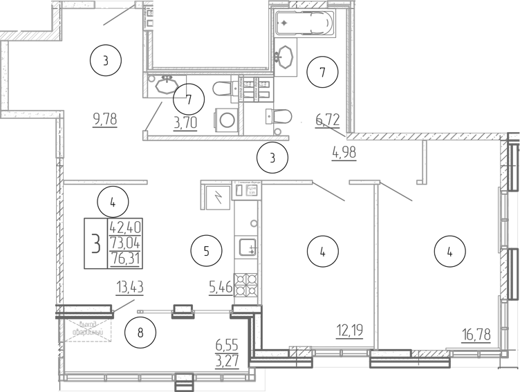 Планировка — Проявление, 3-комн., 73 м²
